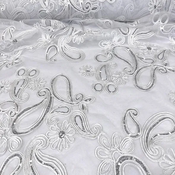 10pcs - Paisley Floret Sequins Table Runner 14"x120" - White