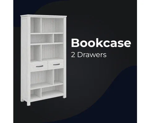 Foxglove Bookshelf Bookcase 5 Tier 2 Drawers Solid Mt Ash Timber Wood - White
