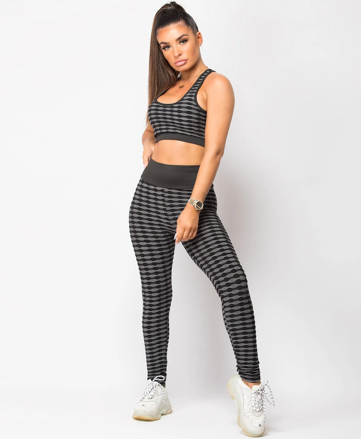 Honeycomb Textured Waffle Crop Top Leggings Co Ord Set