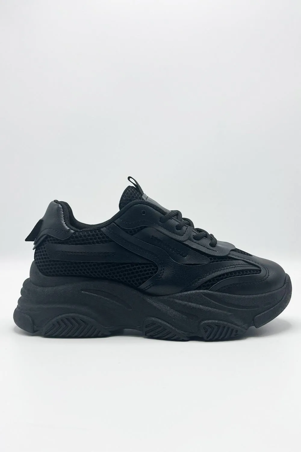 Nyla Chunky Sole Lace-Up Mesh Panel Trainers in Black