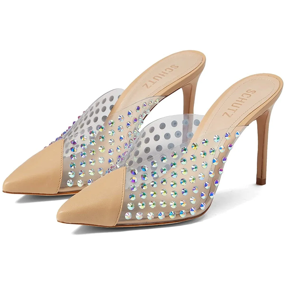 Schutz Greece Light Nude Clear Vamp Rhinestones Pointed Toe Stiletto Heel Pumps