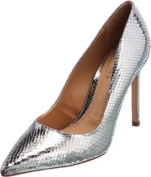 Schutz Lou Metallic Silver Snake-Embossed Slip On Pointed Toe High Heel Pumps