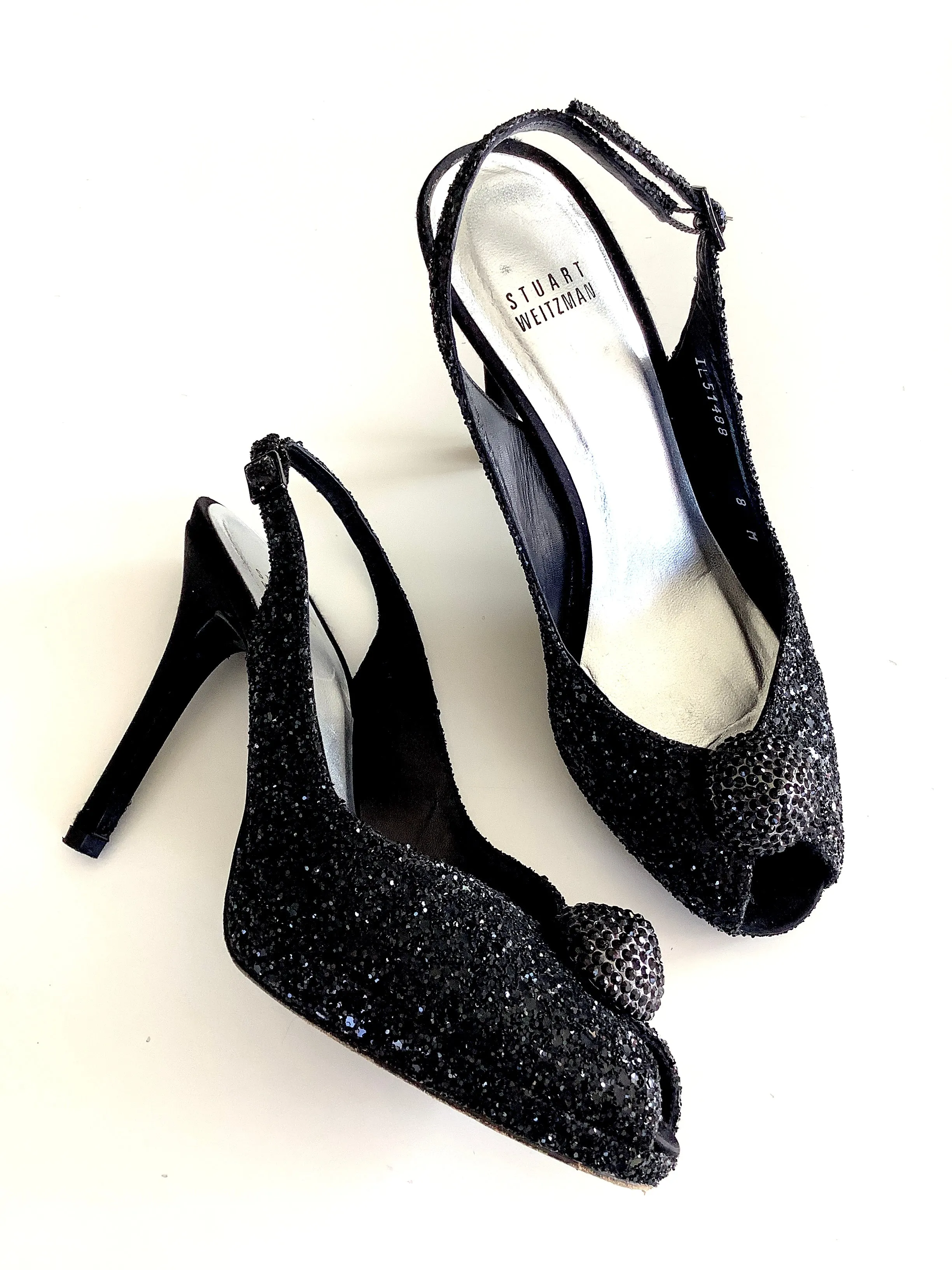 STUART WEITZMAN black glitter peep-toe slingback pumps, 8